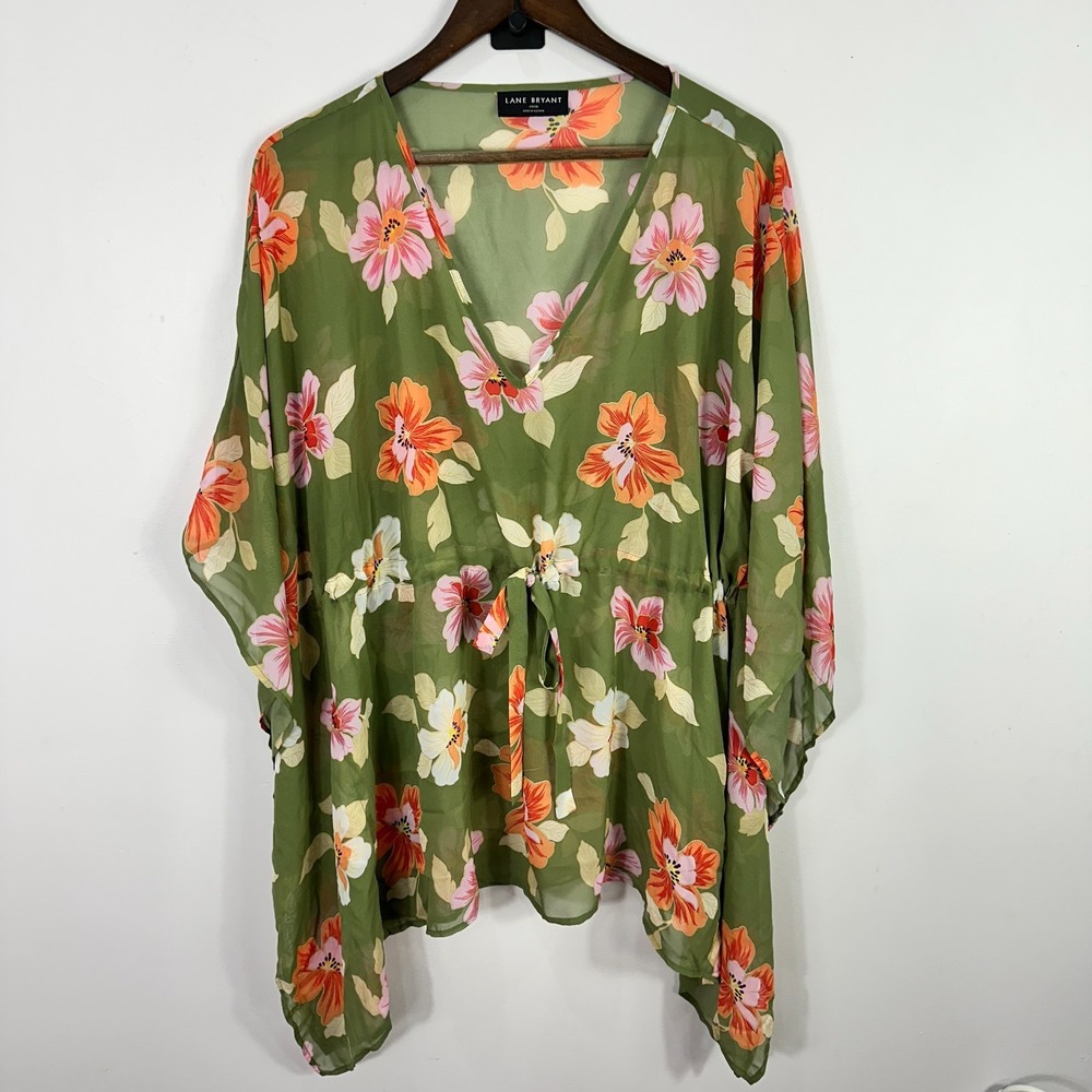 Lane Bryant 14/16 Green Floral Sheer Kimono Swim Cover Up Boho‎ Resort Beach